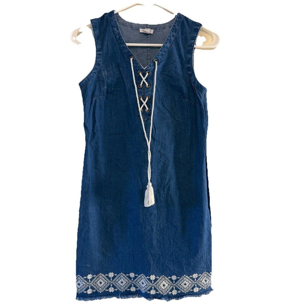 Westport Denim Dress XS Embroidered Hem Lace Up Sleeveless Cotton Chambray Boho